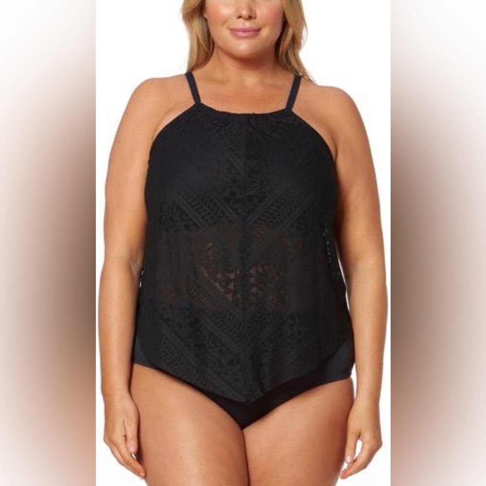 Bleu Rod Beattie Black Lace Fly Away Tankini Top Nwt Plus Size 18w Whimsigoth